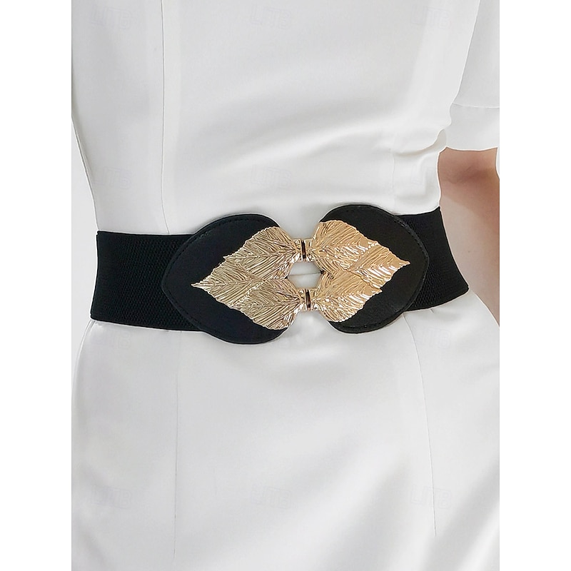 Women's Chic Black Elastic Waist Belt with Gold Leaf Buckle – Stylish Accessory for Dresses and Formal Outfits2
