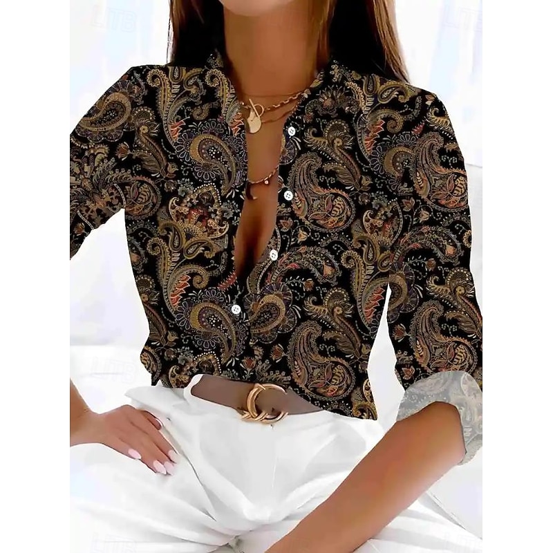 Women's Shirt Button Down Tunic Shirt Collar Long Sleeve Floral Graphic Casual Regular Tops Work Daily s Print Brown Spring Fall Winter