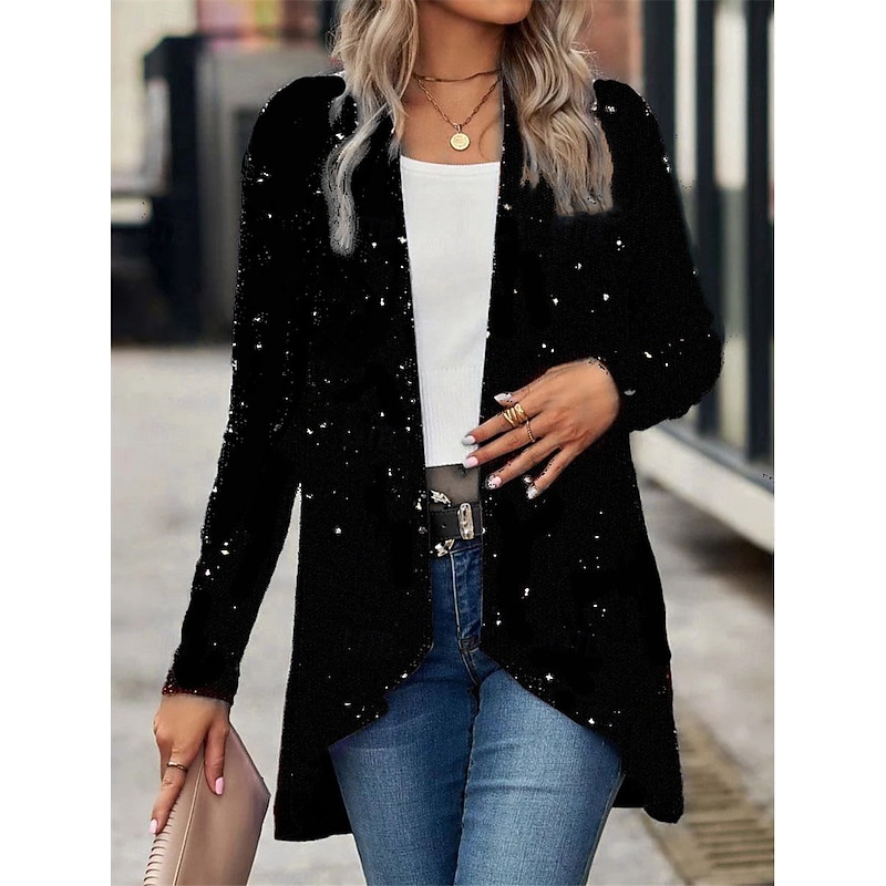 Women's Casual Jacket Outdoor Street Daily Wear Fall Winter Regular Coat Regular Fit Thermal Warm Breathable Stylish Casual Jacket Long Sleeve Plain Sequins Silver Black Red4