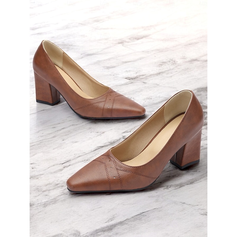 Women's Brown Block Heel Pumps – Retro Pointed-Toe Formal Shoes with Elegant Stitch Detailing for Office and Party Wear