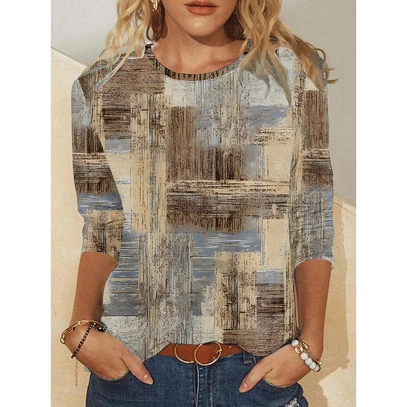 Women's T shirt Long Sleeve Crew Neck Long Sleeve Tunic Graphic Modern Casual Regular Tops Daily Weekend Print Khaki Fall Winter Prefall3