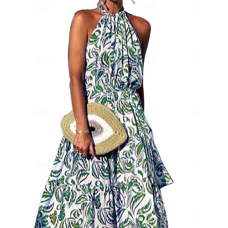 Women's Floral Halter Neck Maxi Dress Long Sleeve Summer Spring2