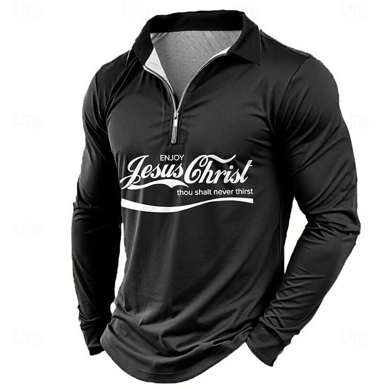 Men's Funny Zip Polo Long Sleeve Polo Shirts Collar Business Casual Vacation Party Evening Wear Dailywear 3D Print Spring Fall & Winter Black Wine Blue4