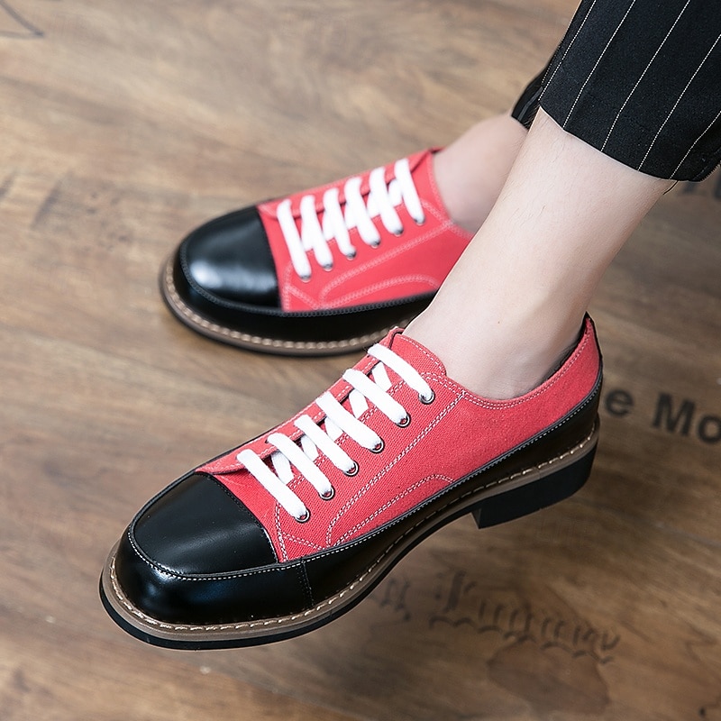 Men's Red Canvas and Black Faux Leather Oxford Shoes - Casual Lace-Up Design with Contrasting Stitching for Everyday Wear4