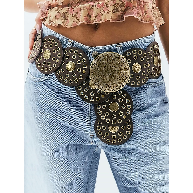 Women's Brown Faux Leather Belt with Perforated Circles and Intricate Metal Buckle - Bohemian Chic Fashion Accessory2