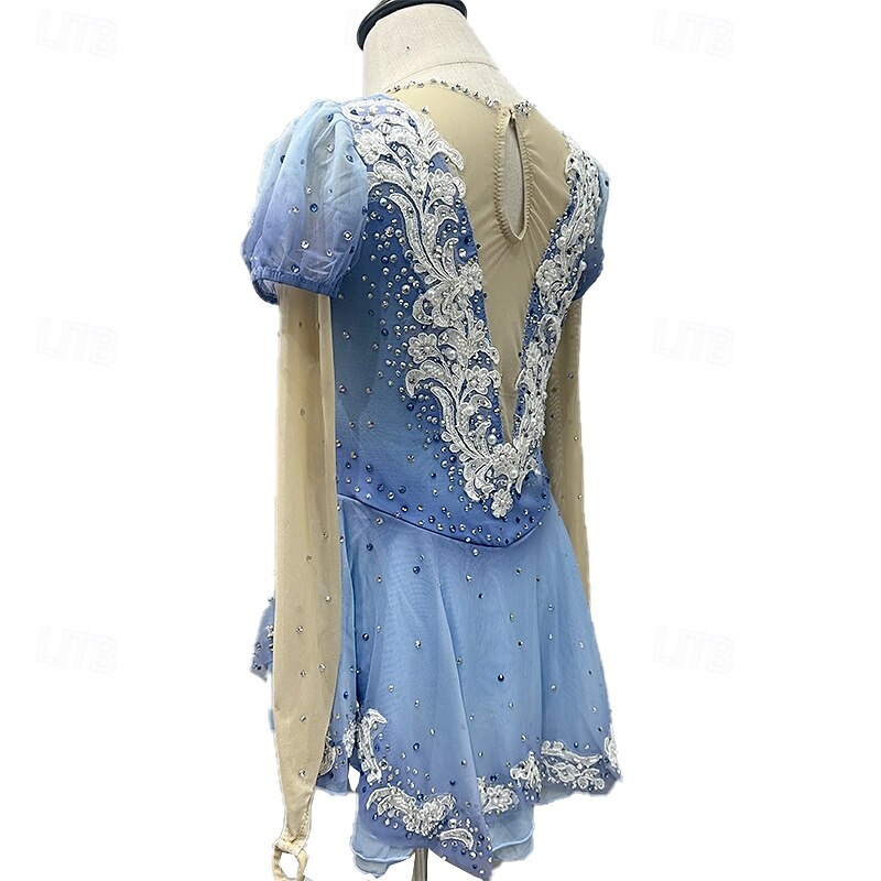 Figure Skating Dress Women's Girls' Ice Skating Dress Blue+Light Blue Patchwork Thumbhole Mesh Spandex Stretchy Training Practice Professional Skating Wear Thermal Warm Crystal / Rhinestone Long3