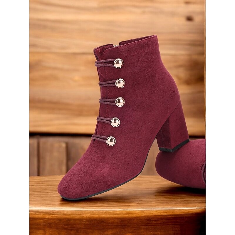 Women's Burgundy Ankle Boots – Suede Block Heel with Gold Button Embellishments, Lace-Up Design, Perfect for Autumn and Winter Outfits