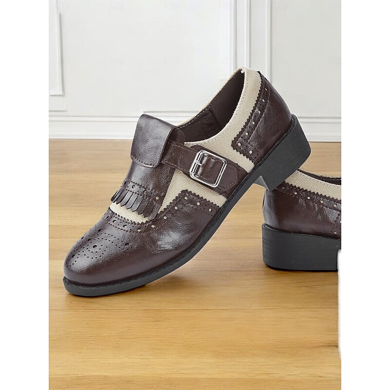 Women's Brown Brogue Oxford Shoes with Fringe, Buckle Strap, and Canvas Accents - Vintage-Style Footwear for Casual and Formal Occasions3