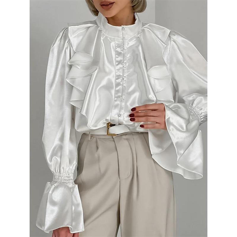 Women's Shirt Elegant Dressy Satin Solid Color Elegant Vintage Stylish Long Sleeve High Neck Vacation Party Work Ruffle Black White Spring Fall