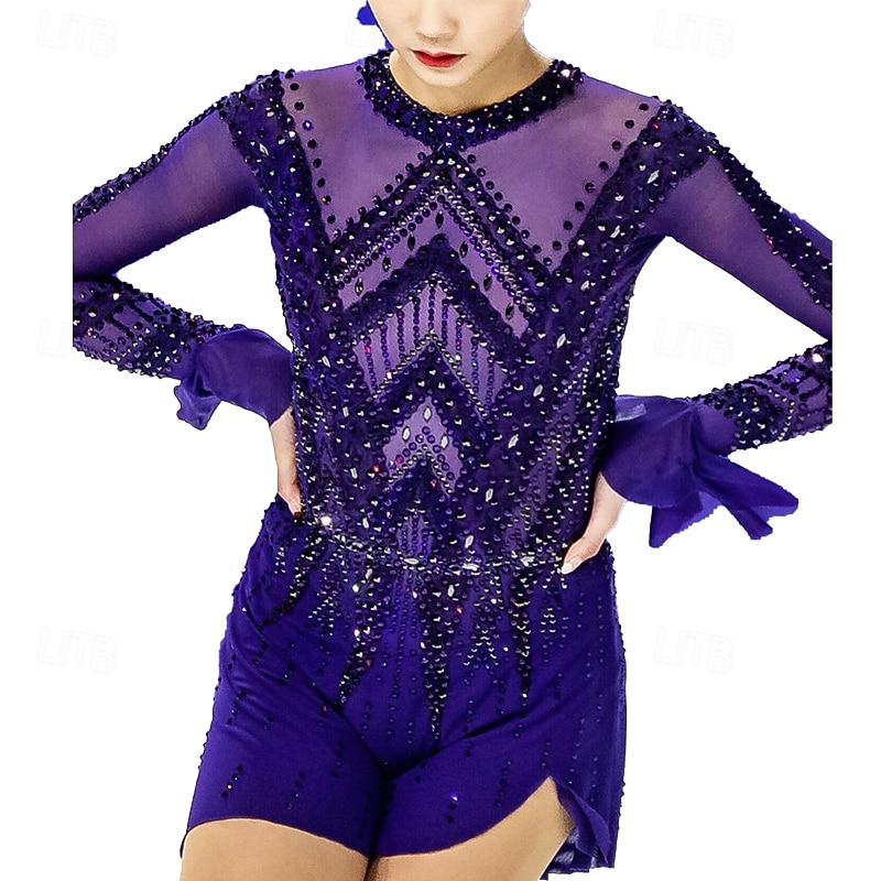Figure Skating Dress Women's Girls' Ice Skating Dress Purple Patchwork Thumbhole Mesh Spandex Stretchy Training Practice Professional Skating Wear Thermal Warm Crystal / Rhinestone Long Sleeve Ice