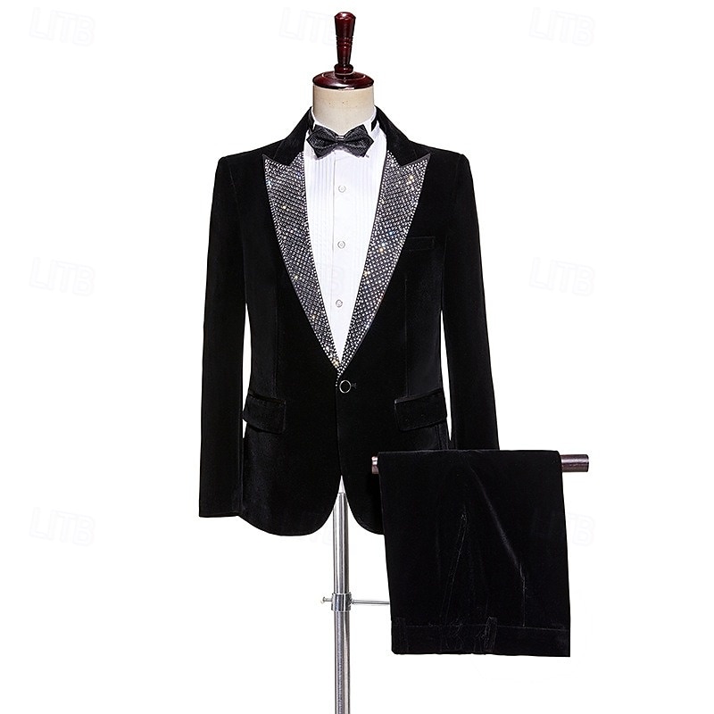 Men's Party Evening Wear Prom Suits Peaked Lapel Black Christmas Fashion Patchwork Standard Fit 2 Piece Single Breasted One-button