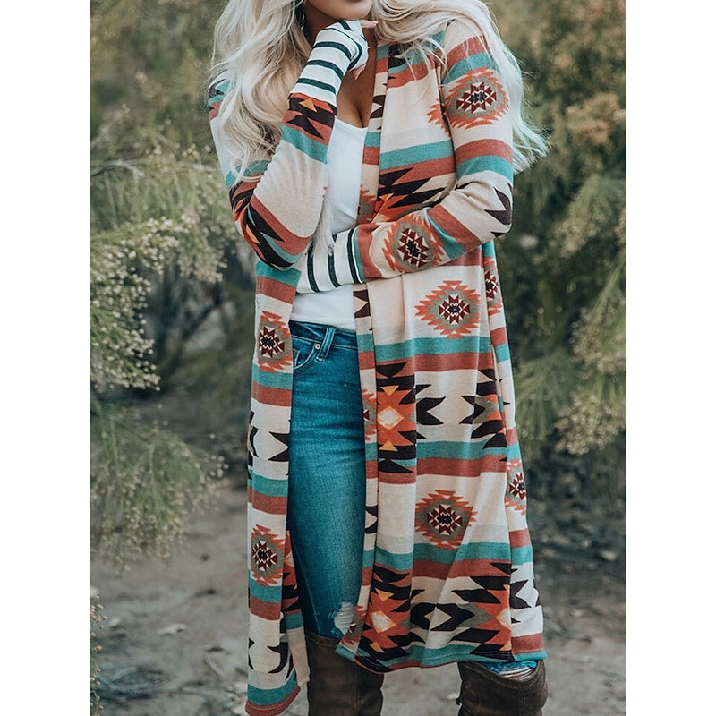 Women's Casual Jacket Outdoor Street Daily Wear Fall Long Coat Regular Fit Thermal Warm Breathable Stylish Casual Jacket Long Sleeve Geometric Print Pink Brown Rainbow