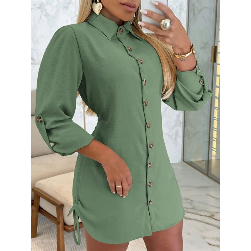 Women's Shirt Dress Mini Dress Buttons Casual Shirt Collar Long Sleeve Black Blue Green Color2