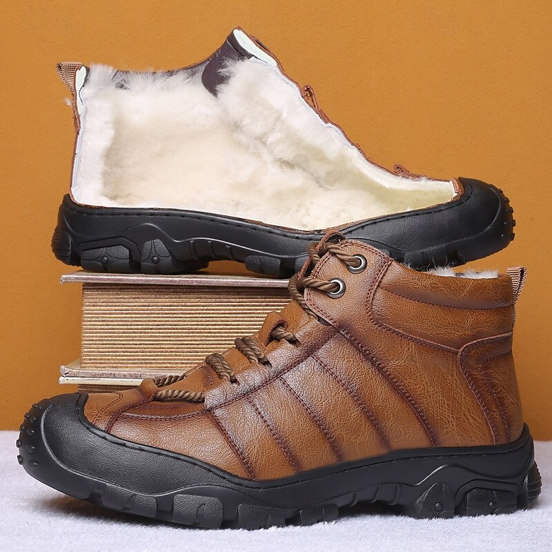 Men's Brown Faux Leather Hiking Boots with Plush Lining – Durable Winter Footwear for Outdoor Adventures3