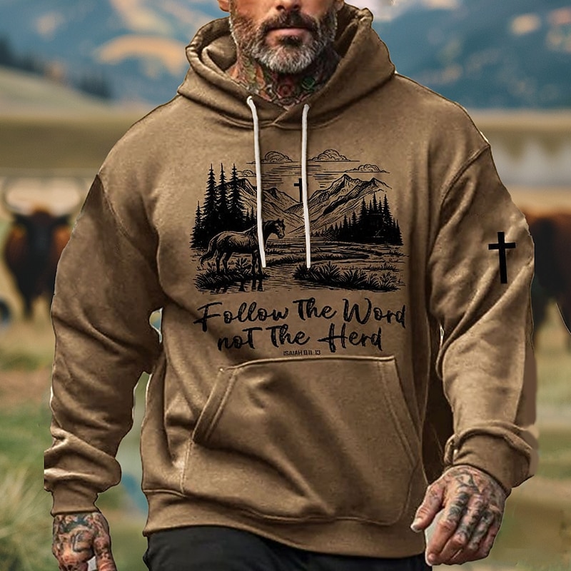 Men's Cowboy Hoodies Sweatshirt Ethnic Cowboy Long Sleeve Crew Neck Holiday Streetwear Black White Drawstring Fall Winter Designer