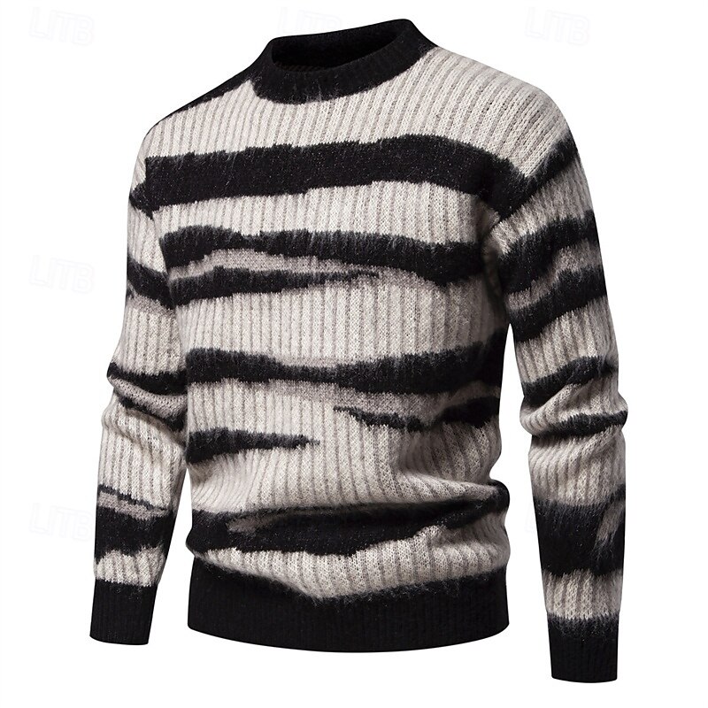 Men's Pullover Sweater Jumper Knit Sweater Ribbed Knit Regular Knitted Stripe Crew Neck Fashion Basic Daily Wear Date Clothing Apparel Fall & Winter Black M L XL2