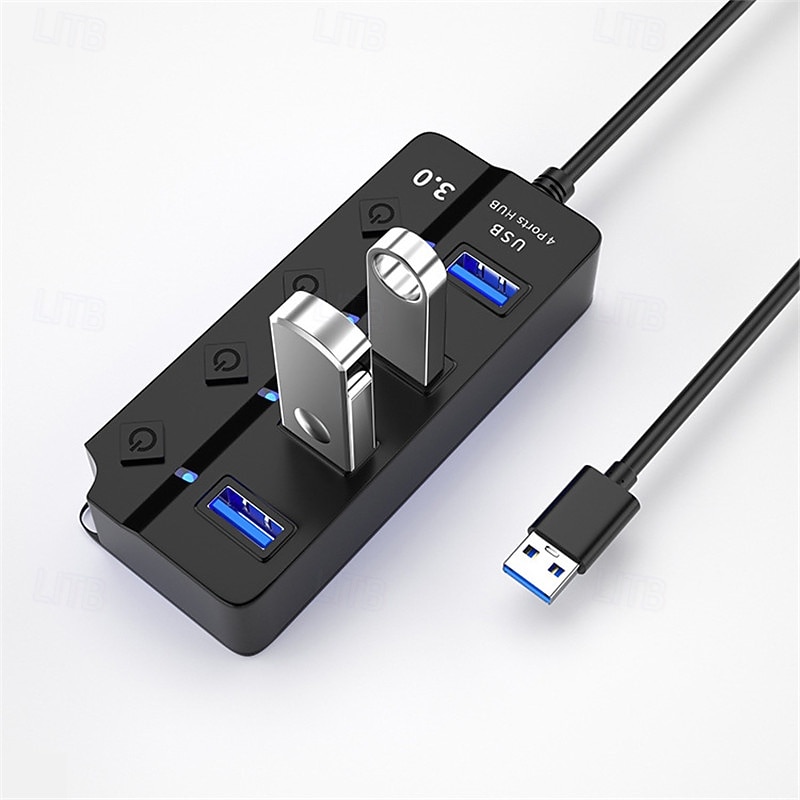 USB Hub 4 Port USB 3.0 Hub with Individual LED Switch Portable Adapter High Speed Expansion Multi USB Hub Splitter Adapter3