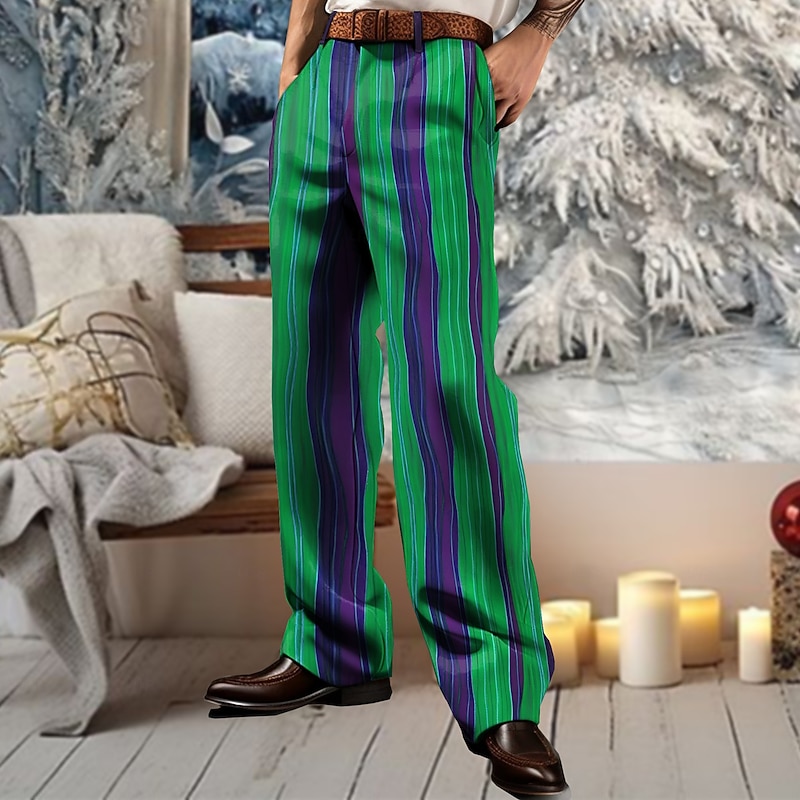 Christmas Men's Striped Dress Pants Mid Waist Casual Party Outdoor Home Zipper Pocket Straight Leg Trousers Summer Spring Fall 3D Print Pink Red Orange4