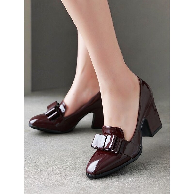 Women's Patent Leather Chunky Heel Pumps with Bow Accent – Elegant and Versatile Office Shoes3