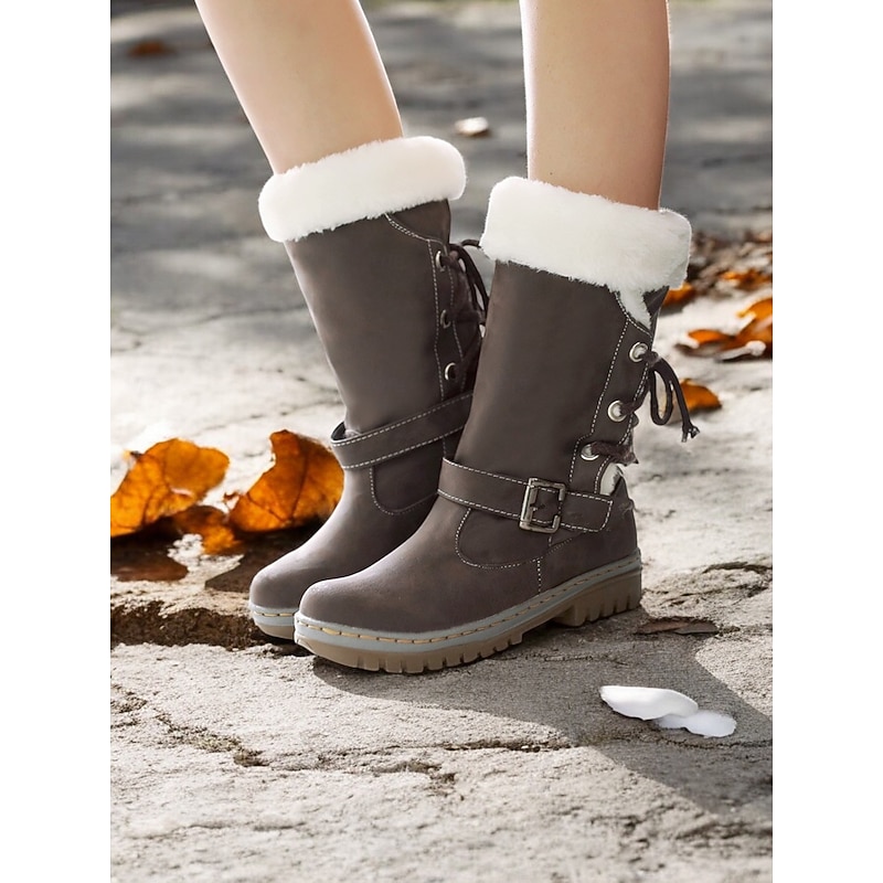 Women's Winter Snow Boots with Faux Fur Lining – Warm Waterproof Mid-Calf Boots with Buckle and Lace-Up Design