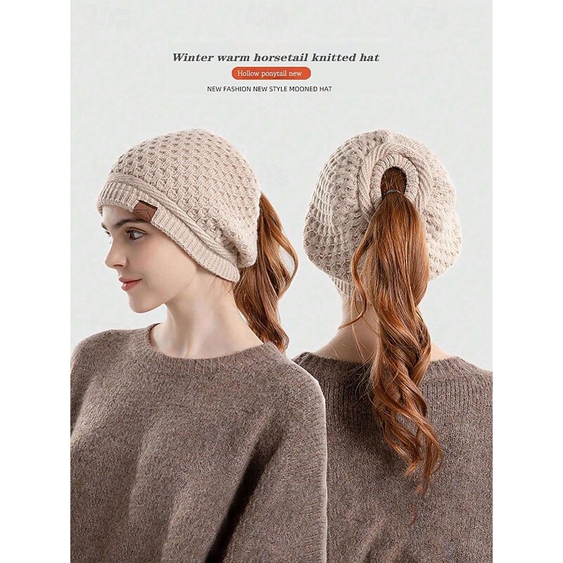 Women's Knitted Ponytail Beanie – Cozy Winter Hat with Hole for Ponytail, Soft and Stretchy Design for Cold Weather2
