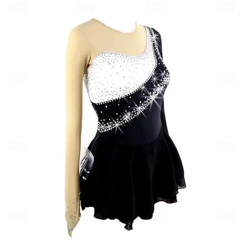 Figure Skating Dress Women's Girls' Ice Skating Dress Black White Patchwork High Elasticity Training Competition Skating Wear Classic Crystal / Rhinestone Long Sleeve Ice Skating Figure Skating2