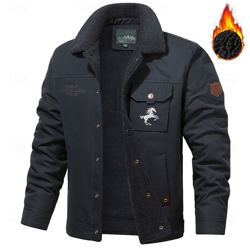 Men's Animal Horse Embroidered Fleece Jacket Sherpa Trucker Jacket Work Cargo Jacket Turn-Down Collar Warm Winter Cotton Jacket Vintage Casual Sports Outdoor Coat Multi-Pockets2