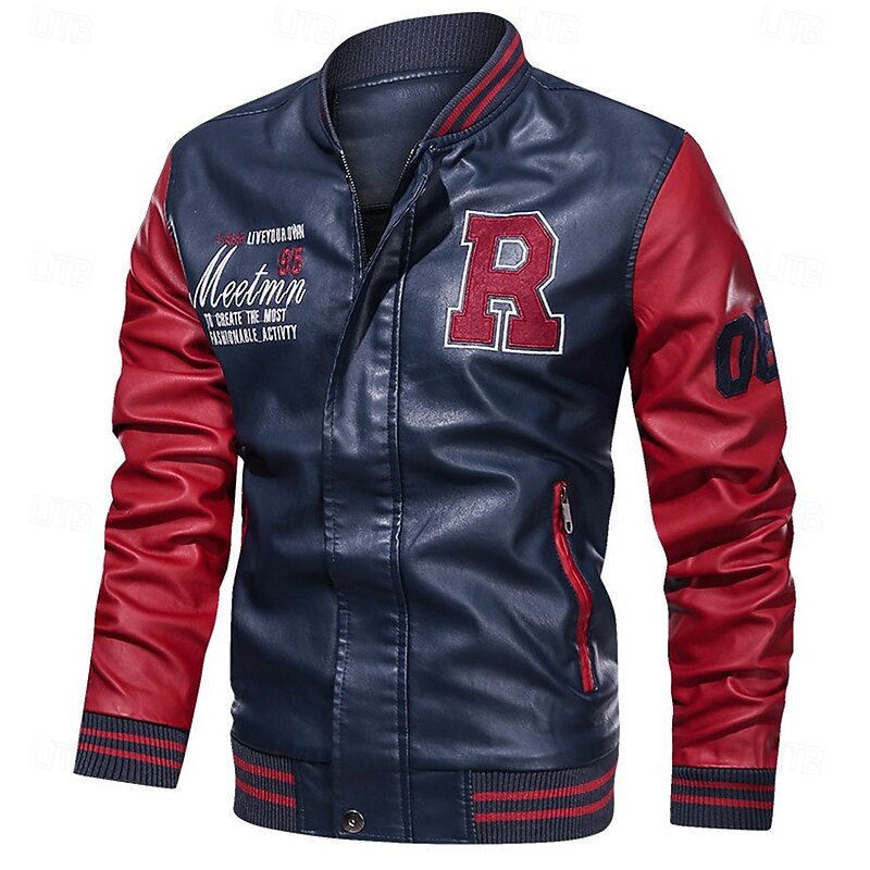 Men's Embroidered Bomber Jacket Leather Jacket Winter Baseball Coat Long Sleeve Stand Collar PU Leather Motorcycle Jacket4