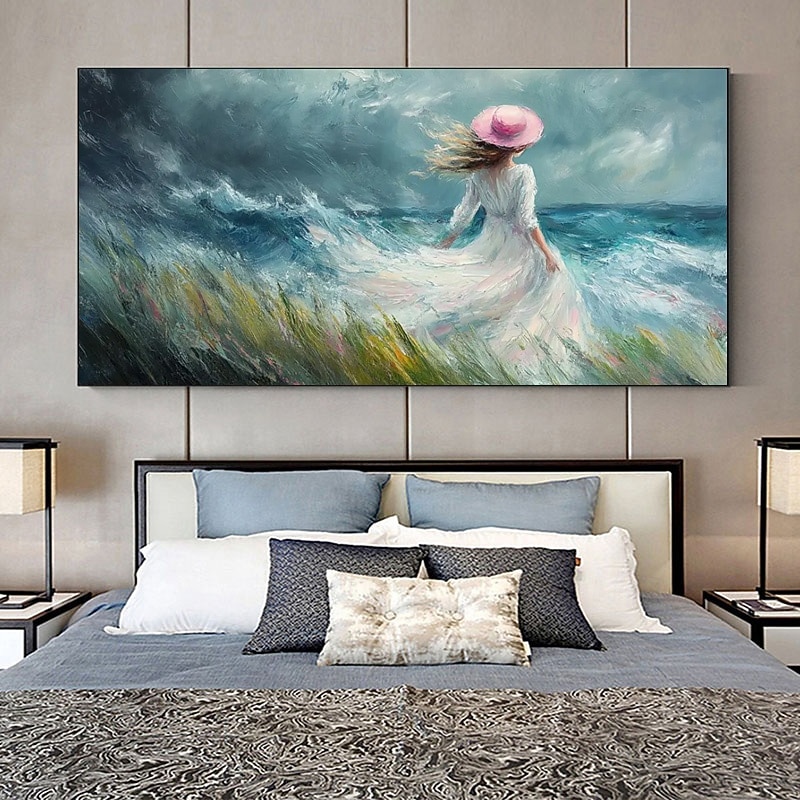 Handpaint Modern Abstract Canvas Painting Lady Wearing White By The Sea Art Beautiful Woman Portrait Paintings Home Decor For Living Room No Frame - Main Image