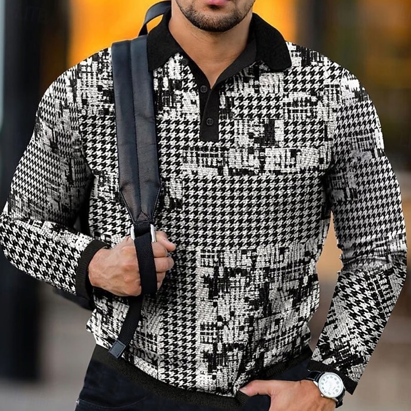 Men's Plaid Waffle Polo Shirts Golf Shirt Long Sleeve Polo Shirts Collared Shirts Vintage Casual Vacation Wear Formal Wear Festival Wear Buttons 3D Print Black Blue Brown4