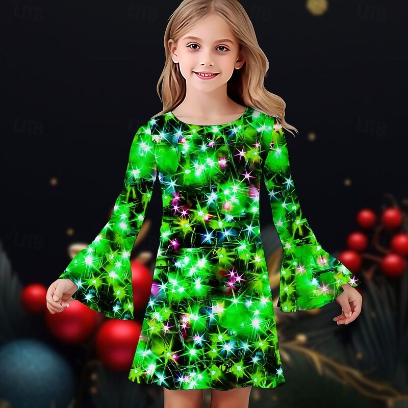 Christmas Girls' 3D Graphic Stars Christmas Dress Dress Ruffle Dress Long Sleeve Summer Spring Daily Holiday Vacation Beautiful Sweet Kids 4-12 Years Casual Dress Knee-length Polyester Regular Fit2