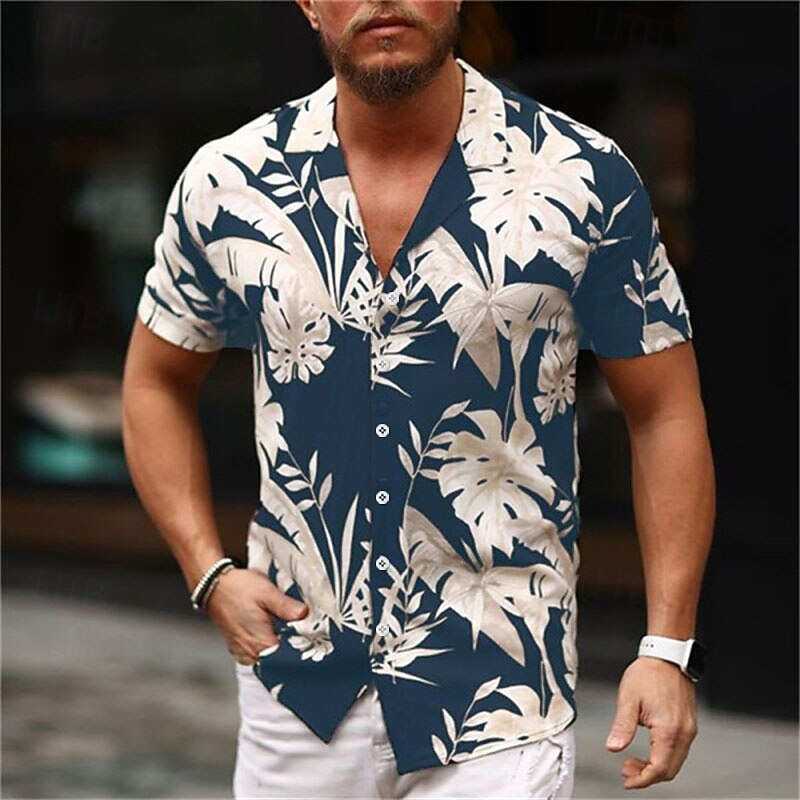 Men's Floral Palm Leaf Tropical Plants Shirt Summer Hawaiian Shirt Aloha Shirt Short Sleeve Shirt Turndown Fashion Designer Casual Vacation Casual Daily Black-White Black / Green Red Print S M L4