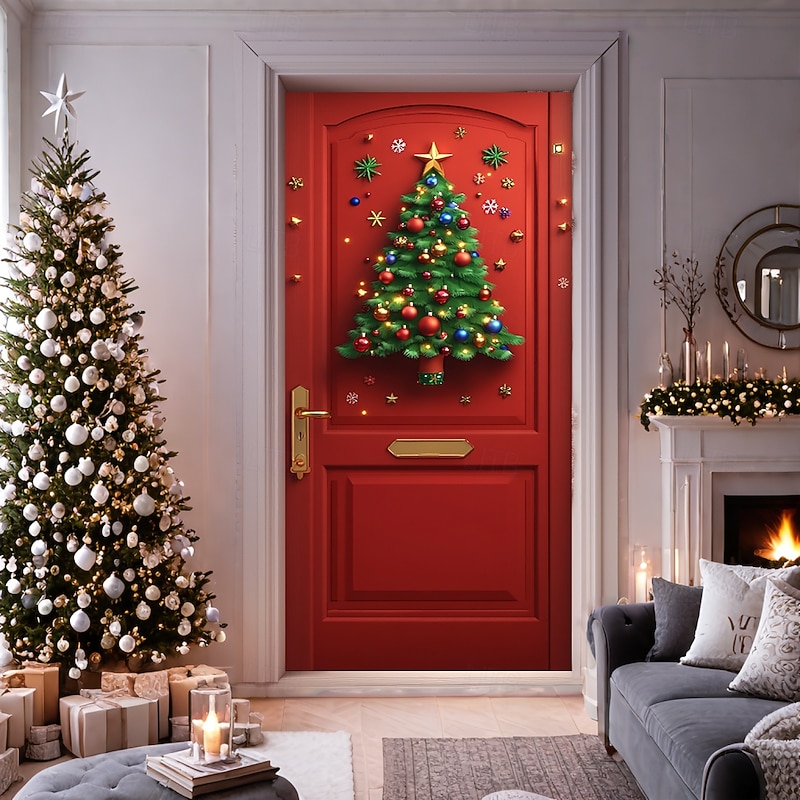 Christmas Door Decorations Door Covers Wreath Xmas Tree Santa Nutcracker Door Tapestry Door Curtain Decoration Backdrop Indoor/Outdoor Door Banner for Front Door Farmhouse3