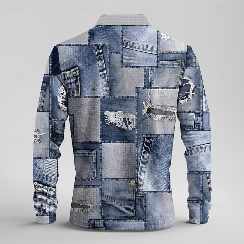 Men's Denim Waffle Polo Shirts Golf Shirt Long Sleeve Polo Shirts Collared Shirts Casual Business Casual Formal Outdoor Dailywear Buttons 3D Print Spring Fall Winter Blue2