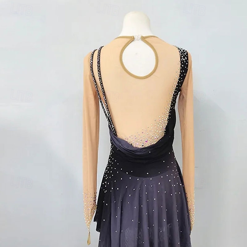 Figure Skating Dress Women's Girls' Ice Skating Dress Dark Grey High Elasticity Training Competition Skating Wear Classic Crystal / Rhinestone Long Sleeve Ice Skating Figure Skating3