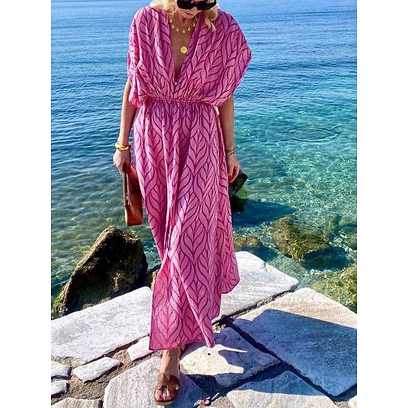 Women's Geometric V Neck Maxi Dress Half Sleeve Summer Spring2