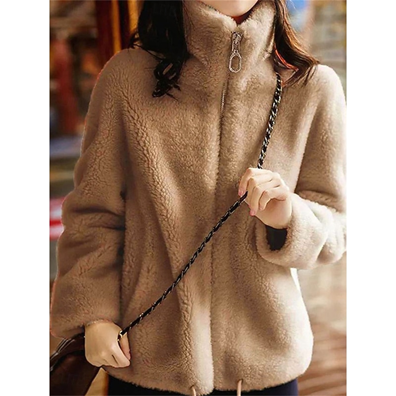 Women's Sweatshirt Casual Sherpa Plain Street Dailywear Turtleneck Zipper Pocket Long Sleeve White Light Green Khaki Fall Winter