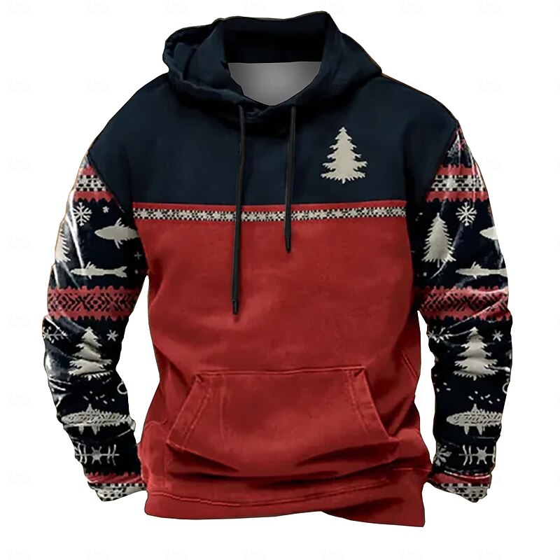 Christmas Men's Tree Fish Hoodies Daily Stylish Long Sleeve Crew Neck Vacation Holiday Streetwear Red Drawstring Fall Winter Designer