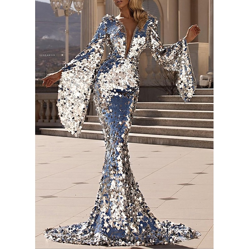 Mermaid / Trumpet Evening Gown Party Dress Wedding Wedding Guest Court Train Long Sleeve V Neck Sequined with Glitter3
