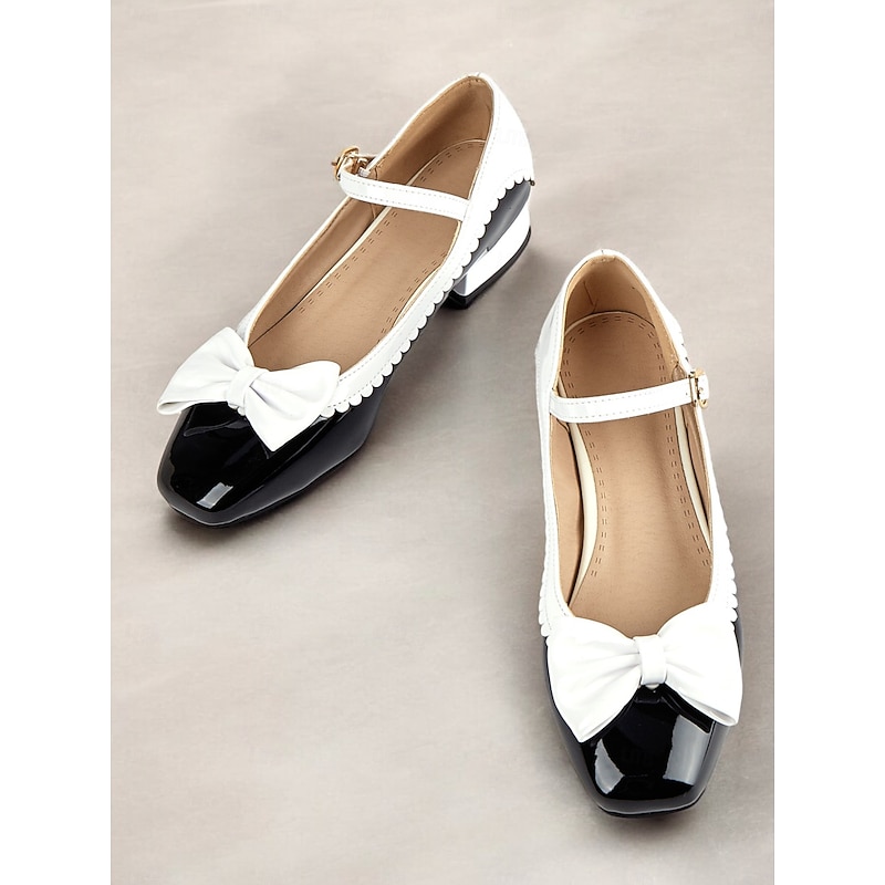 Women's Black and White Patent Mary Jane Shoes with Bow Detail – Scalloped Edges and Block Heel for Formal Occasions