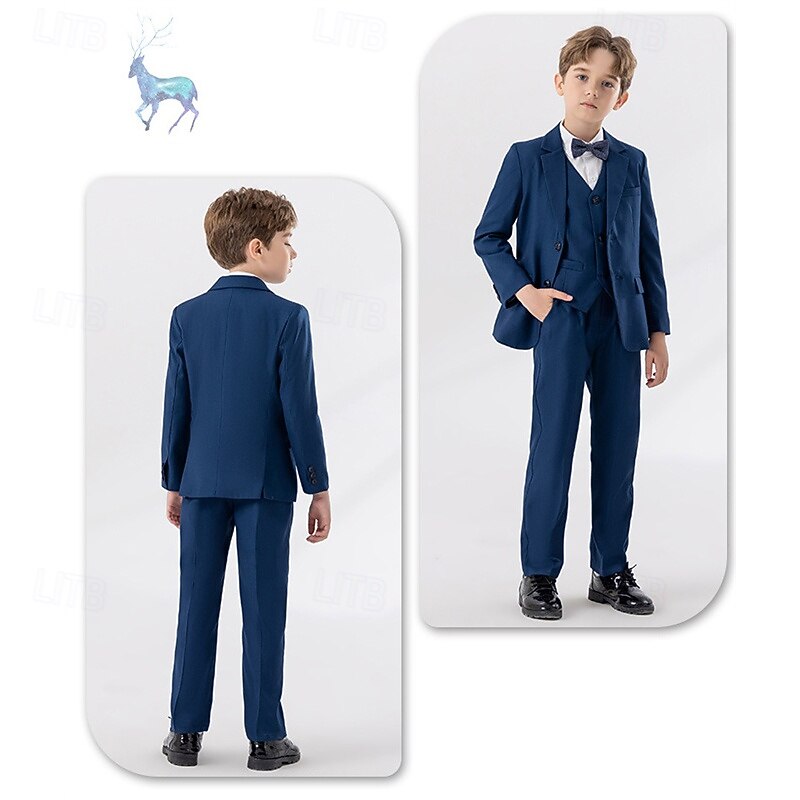 4 Pieces Ring Bearer Suit Boys Kids Suit Formal Suit Blazer & Vest & Pants & Tie Formal Party Valentines Fashion Cool Solid Color Pocket White Wine Navy Blue Polyester3