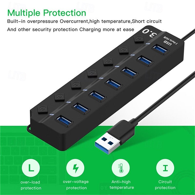 USB 3.0 Hubs 7 Ports 7-in-1 USB Hub with USB3.0*7 5V / 2A Power Delivery For Laptop