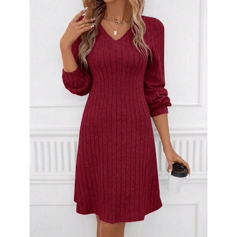 Women's Sweater Dress Mini Dress Patchwork Casual V Neck Long Sleeve Black Wine Color