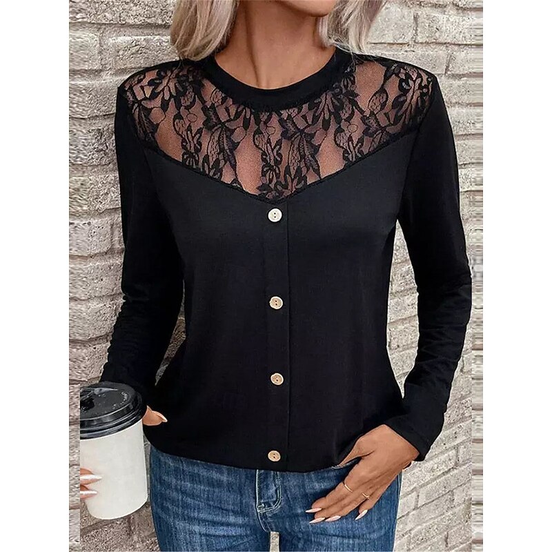 Women's Elegant Lace Tops Eyelet Sexy Blouse Casual Solid Color Regular Tops Long Sleeve Crew Neck Lace Patchwork Buttons Regular Fit Daily Black Romantic Petite Tops Summer Holiday Wear Evening Tops3