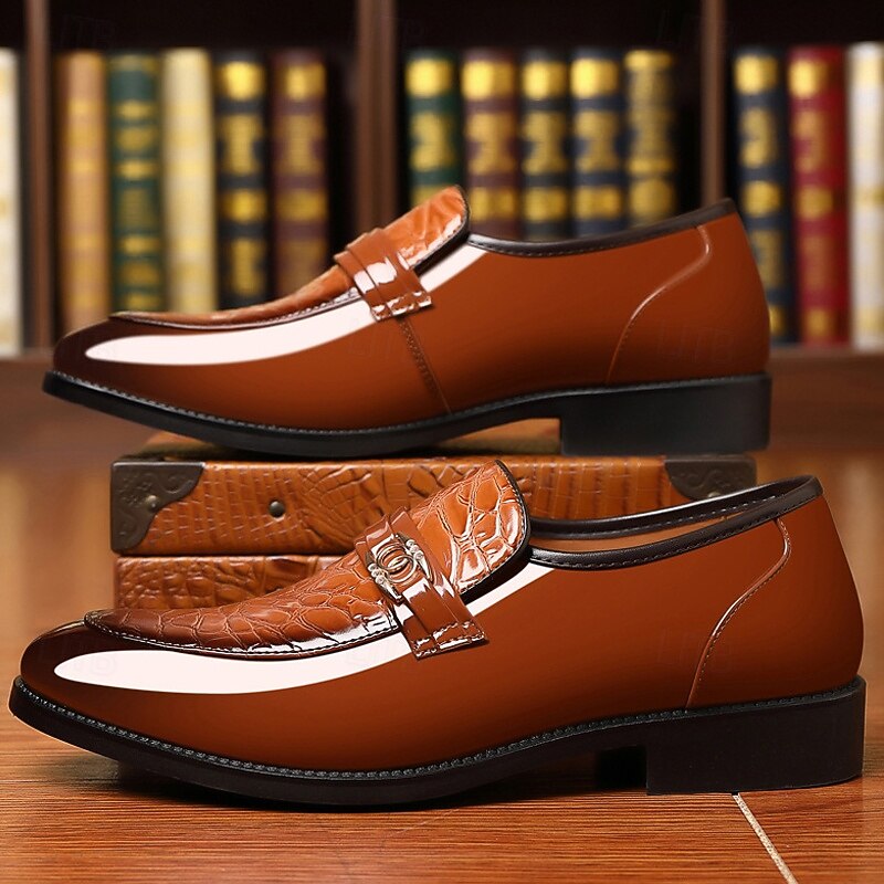 Men's Brown Patent Faux Leather Loafers – Crocodile Pattern Slip-On Dress Shoes with Metal Decoration for Formal and Business Attire3