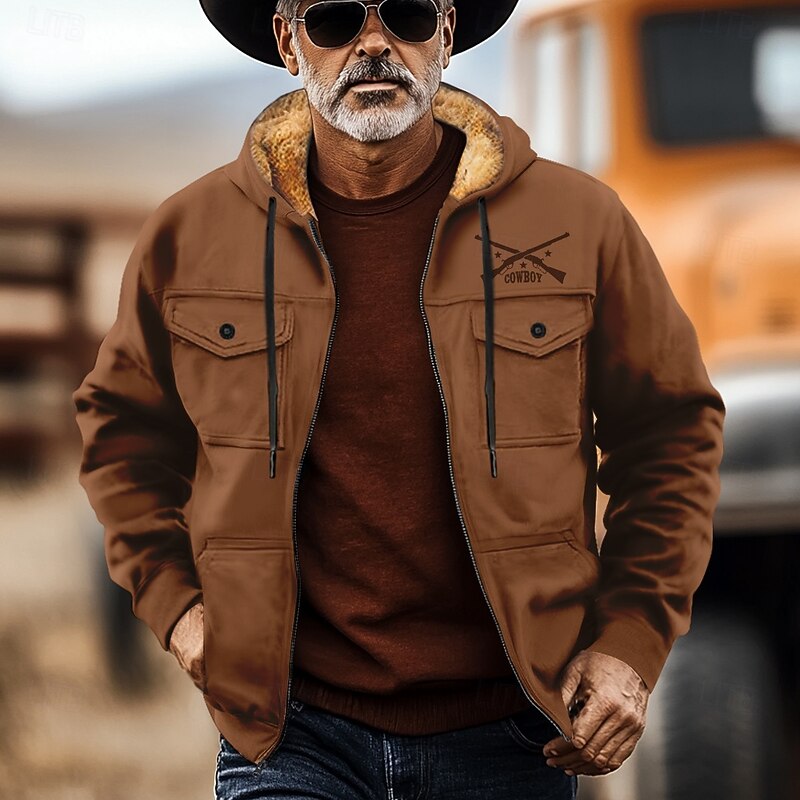 Men's Cowboy Fleece Hoodies Fashion Cool Long Sleeve Hooded Holiday Streetwear Black Brown Zipper Pocket Fall Winter Designer2
