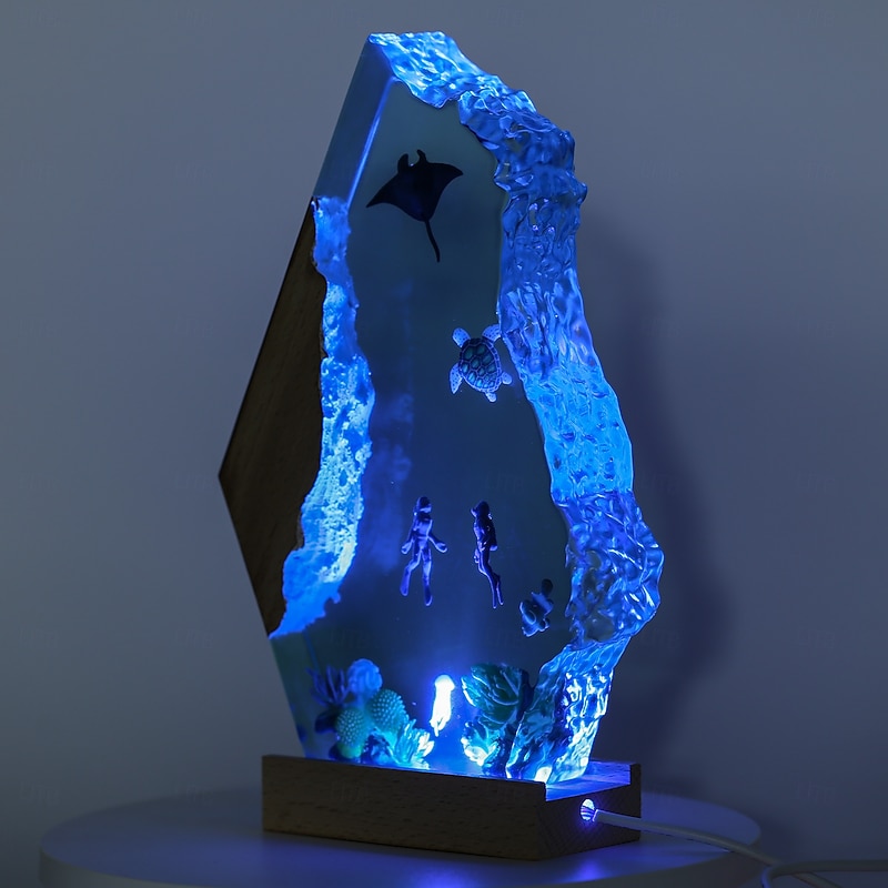 Ocean Resin Night Light, Handmade USB Wooden Table Lamp  for Home & Office Decor, Unique Art Ornament & Christmas Gift4