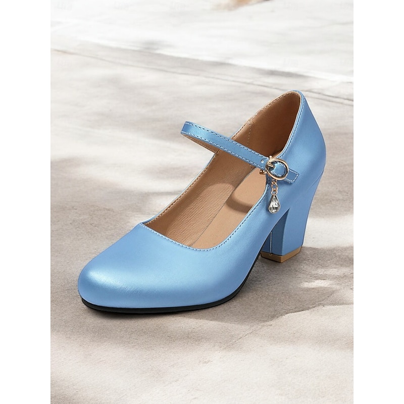 Women's Light Blue Mary Jane Heels with Decorative Buckle Strap and Block Heels – Elegant Footwear for Parties and Formal Events2