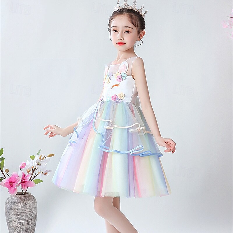 Flower Girl Dress Kid's Girls' Princess Dress Performance Wedding Party Elegant Beautiful Mesh Floral Sleeveless Crew Neck White Pink 4 years+3