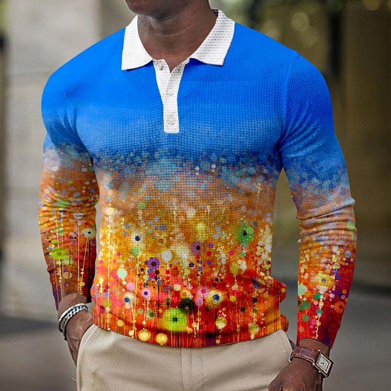 Men's Gradient Graffiti Waffle Polo Shirts Long Sleeve Polo Shirts Collared Shirts Casual Outdoor Party Evening Wear Streetwear Buttons Blue